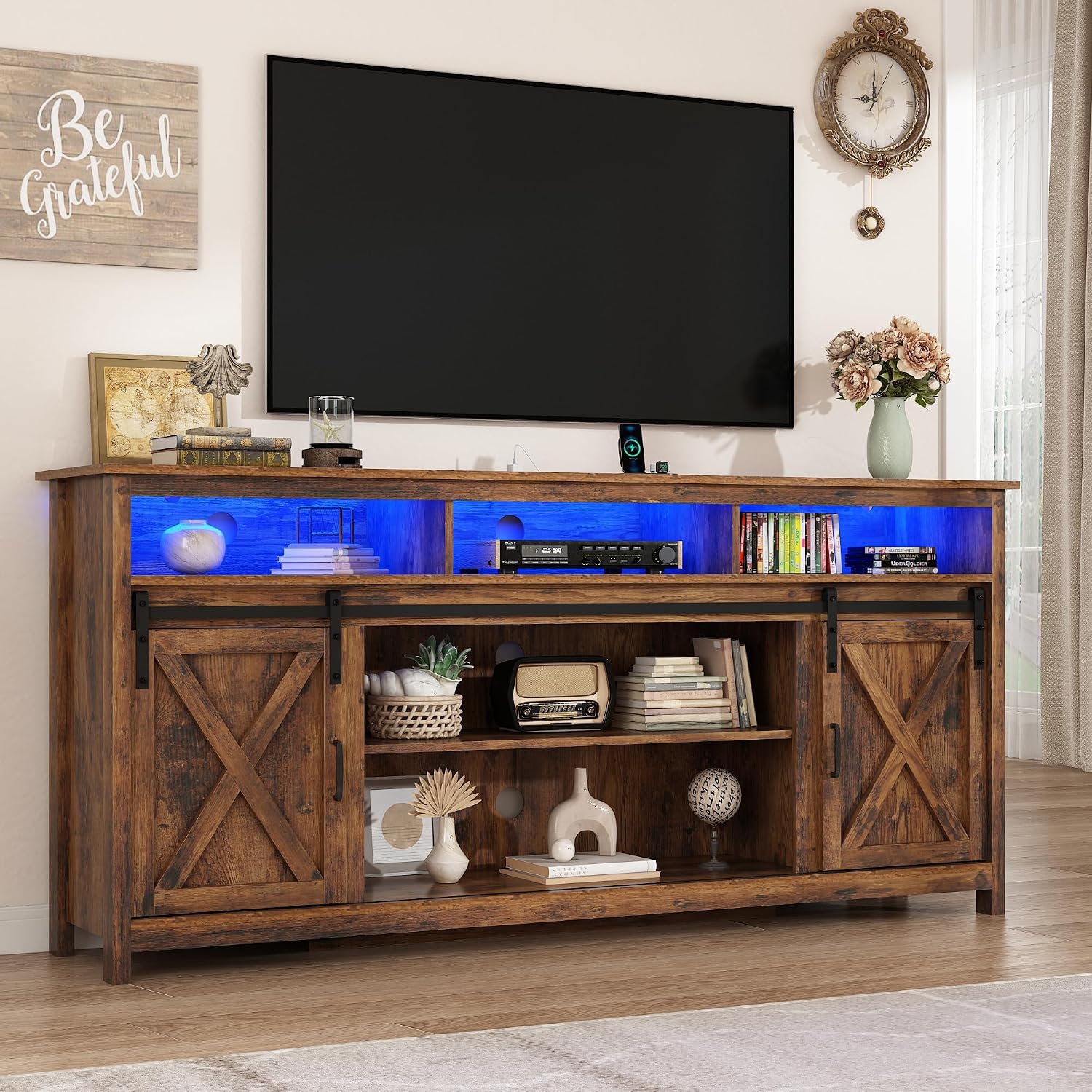57" LED Farmhouse TV Stand for 65/60/55 Inch TVs,Tall Entertainment Center Storage Cabinets w/Power Outlets and Sliding Barn Door,Rustic TV Stands for Living Room,Media Console Cabinet (Brown)