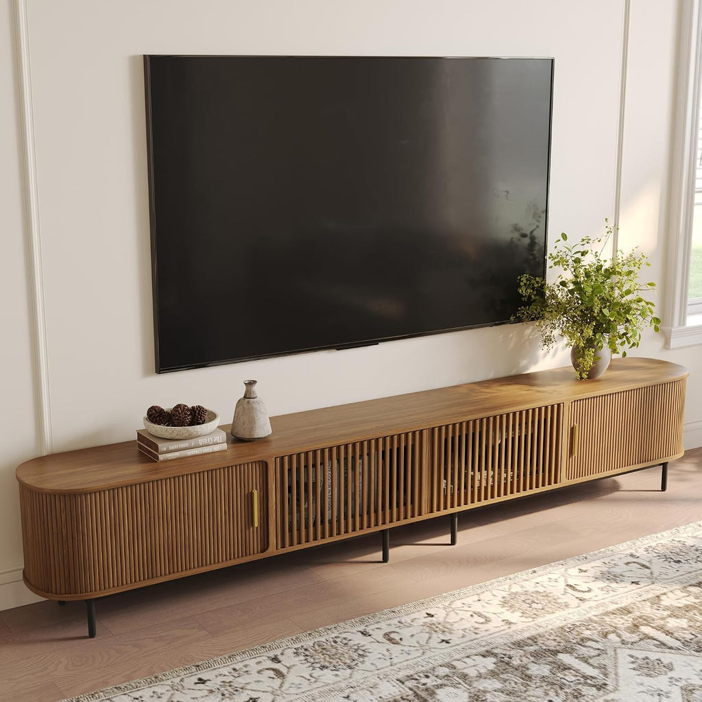 POVISON Fully-Assembled Sliding Tambour Door TV Stand, Mid Century Modern TV Console, Wood Media Console, Entertainment Center with Storage Cabinet (Walnut, 118.11")