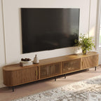POVISON Fully-Assembled Sliding Tambour Door TV Stand, Mid Century Modern TV Console, Wood Media Console, Entertainment Center with Storage Cabinet (Walnut, 118.11")