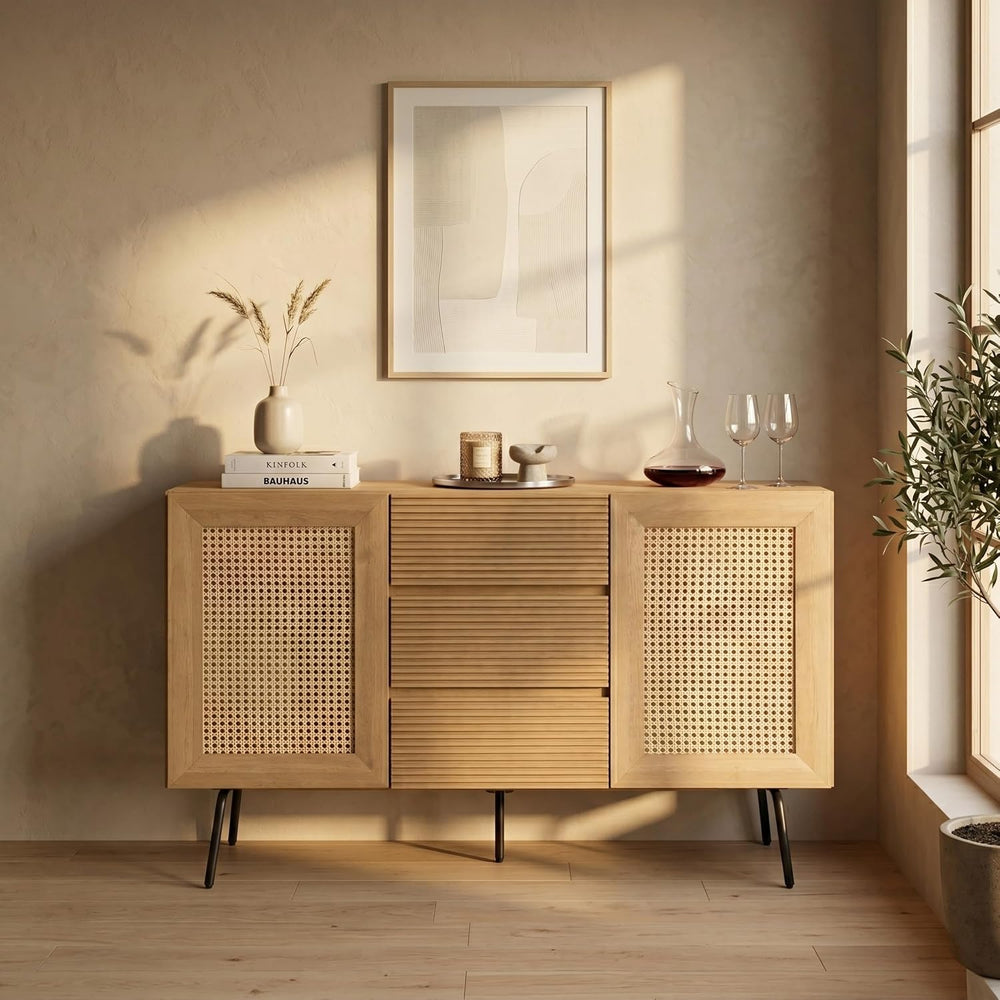 NTC MOSSIC Sideboard with 2 Doors and 3 Drawers, Buffet Cabinet with Natural ...