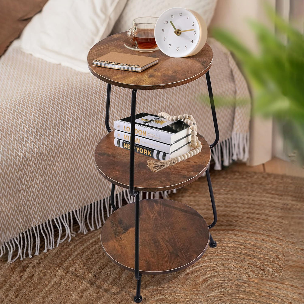 Small Round Side Table - 3 Tier End Table with Storage Shelf, Slim Industrial...