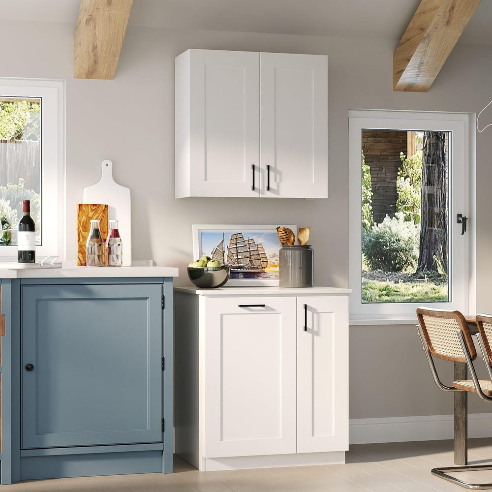 Timechee White Modern Kitchen Pantry Storage Cabinet with Wall Cupboard Set, ...