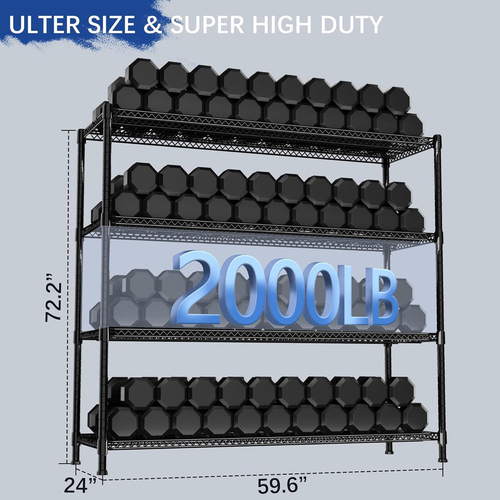 Heavy Duty Shelving, 72.2" H Garage Shelving Unit with Leveling Feet, 4-Tier Adjustable Garage Storage Shelves Metal Rack, Industrial Shelving for Warehaouse Storage, 60" W x 24" D x 72.2" H, Black