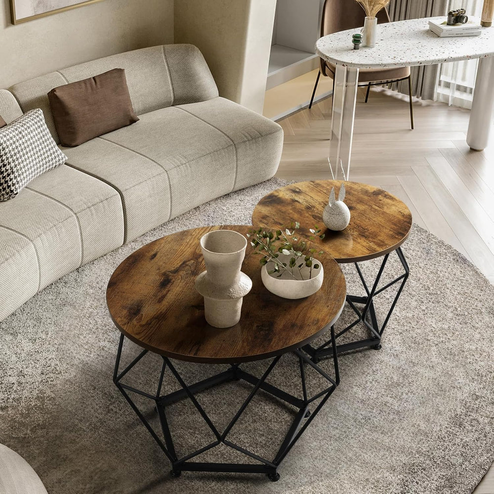 Small Coffee Table, Round End Table Set of 2 with Wooden Table and Metal Fram...