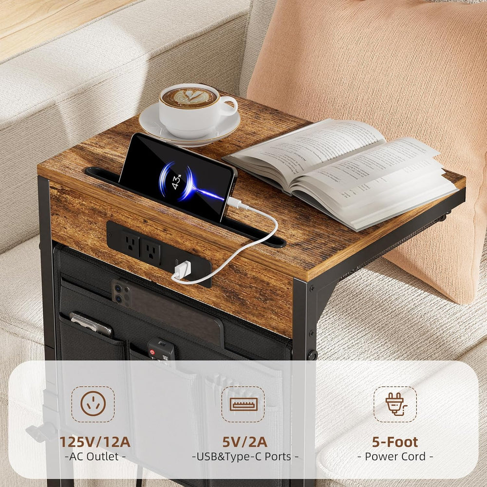 Simple Trending Side Table, C Shaped End Table with Charging Station, Couch T...