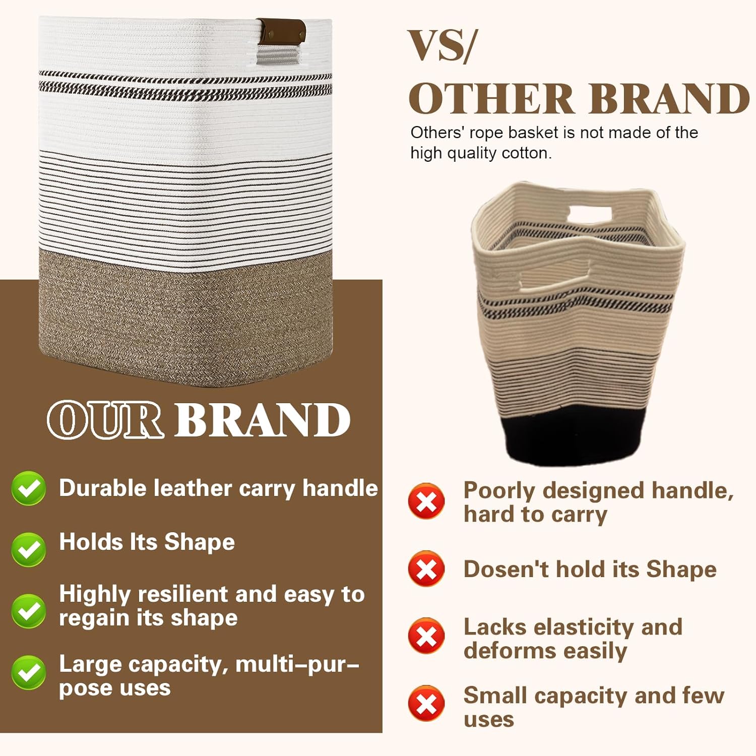 Laundry Hamper, 85L Tall Laundry Basket with Leather Handles, Rectangle Large Clothes Hamper for Organizing, Cotton Woven Laundry Baskets Storage Hampers for Bedroom, Nursery, Living Room
