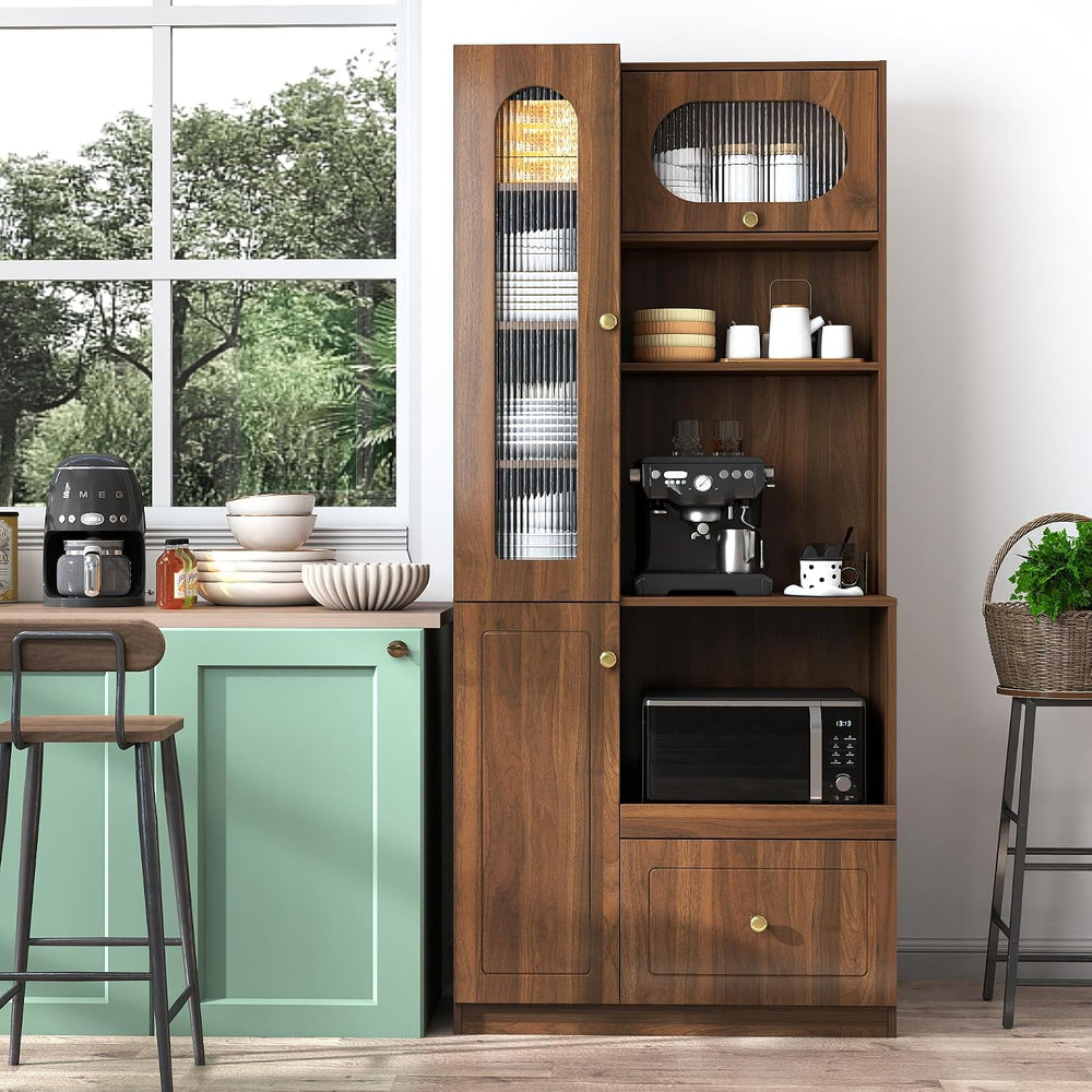 Pantry Cabinet, 71" Kitchen Buffet Hutch with Fluted Glass & Pull-Ou...