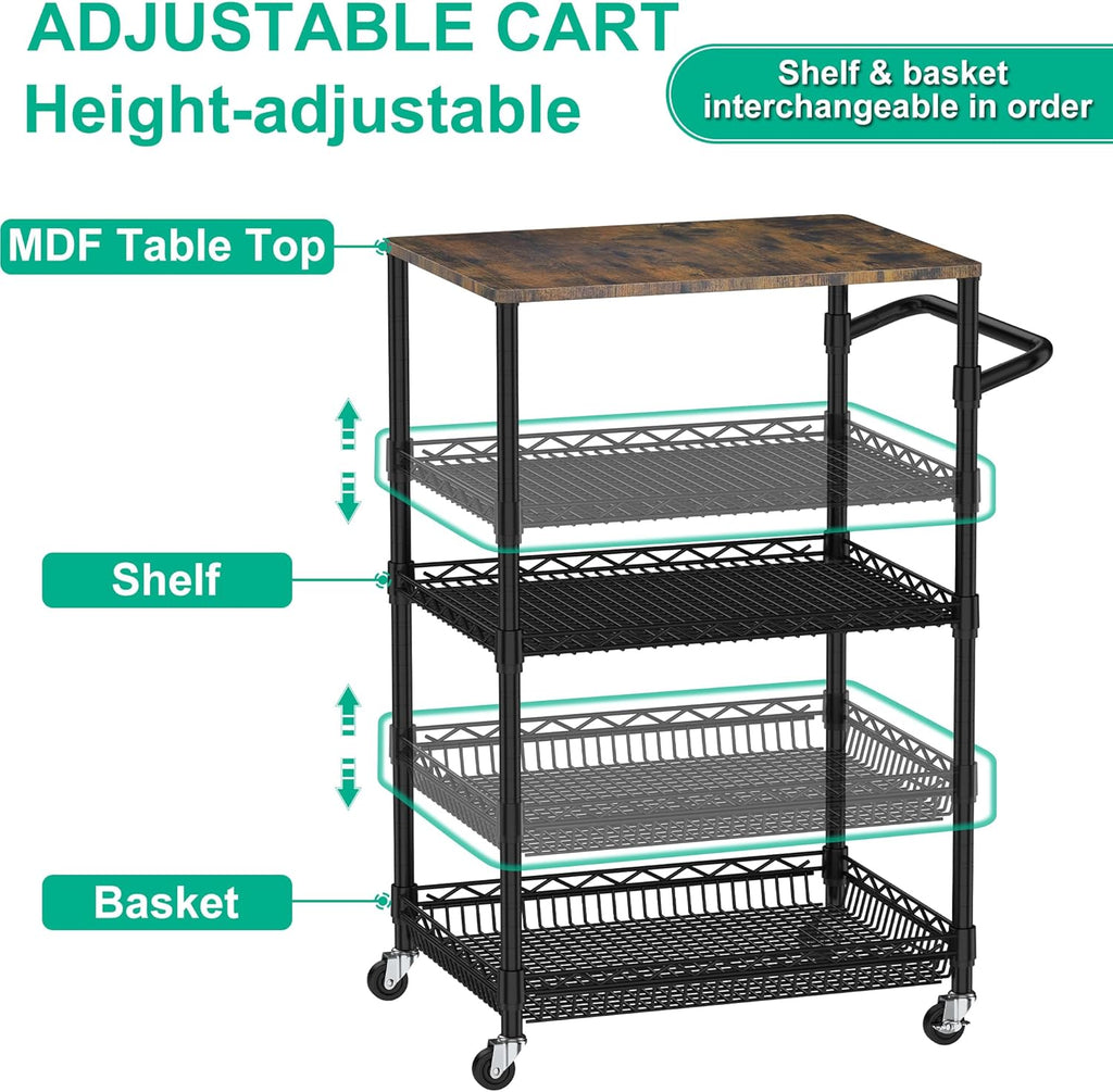 Rolling Kitchen Cart with Wheels, 3 Tier Metal Utility Cart with Wood Tabletop Heavy Duty Wire Rolling Kitchen Island Storage for Pantry Bar Microwave with Handle & Shelf Liners, Black