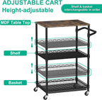 Rolling Kitchen Cart with Wheels, 3 Tier Metal Utility Cart with Wood Tabletop Heavy Duty Wire Rolling Kitchen Island Storage for Pantry Bar Microwave with Handle & Shelf Liners, Black