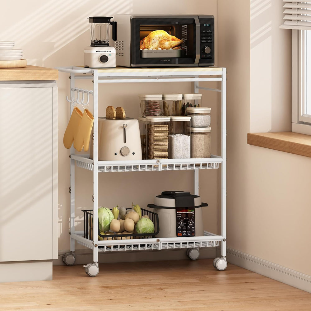 Microwave Kitchen Cart with 2 Lockable Wheels, White Kitchen Storage Cart wit...
