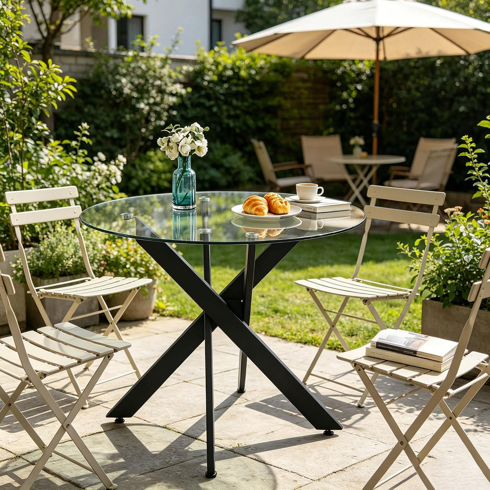 35.4" Round Glass Dining Table with Cross Metal Legs, Modern Small Kitch...
