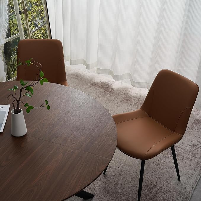 47.2" 5-Piece Round Dining Table Set for 4, Modern Wood Dining Table with 4 Upholstered Chairs, Kitchen & Dining Room Table Set with Metal Base for Apartment, Small Space, Walnut Table+4 Brown Chairs