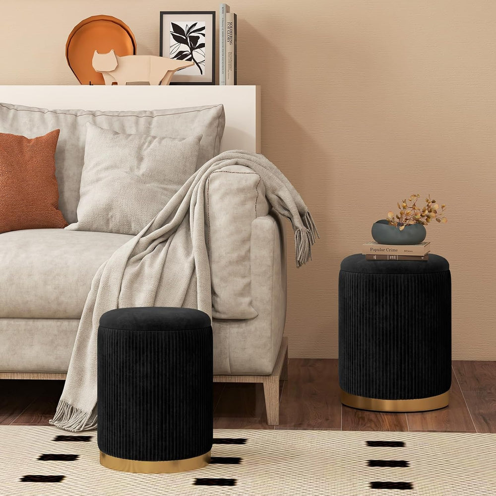 GOFLAME Round Velvet Storage Ottoman Set of 2, Upholstered Footrest with Gold...