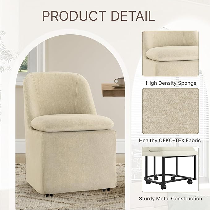 Upholstered Dining Chairs with Casters, Washable Cover Modern Dining Room Chairs with Thick Cushion & Sturdy Metal Frame for Kitchen, Living Room, Dressing Room, Sand Fabric, Set of 4