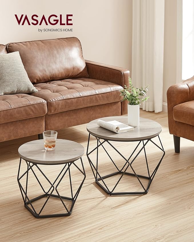 VASAGLE Small Coffee Table Set of 2, Round Coffee Table with Steel Frame, Sid...