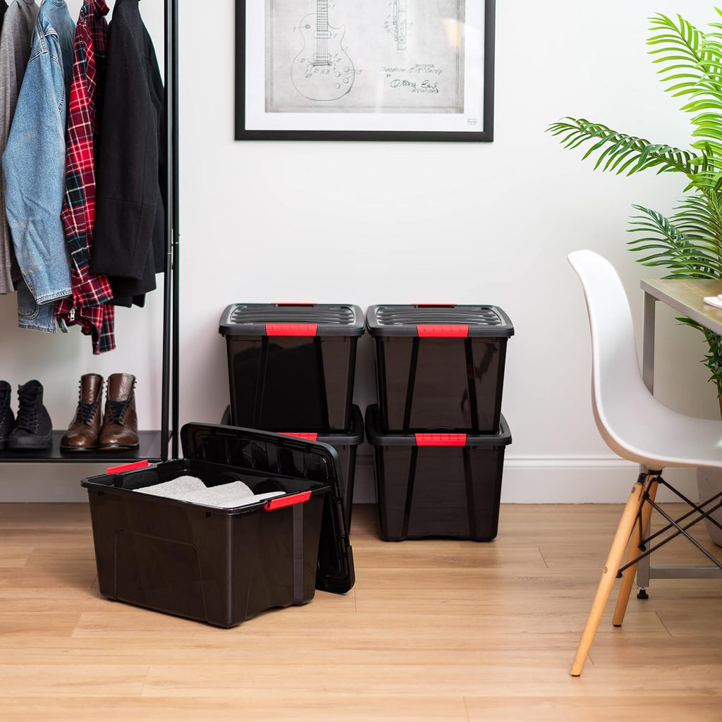 IRIS USA 40 Qt Stackable Plastic Storage Bins with Lids, 4 Pack - BPA-Free, Made in USA - Garage Organizing Solution, Latches, Durable Nestable Containers, Secure Pull Handle - Black