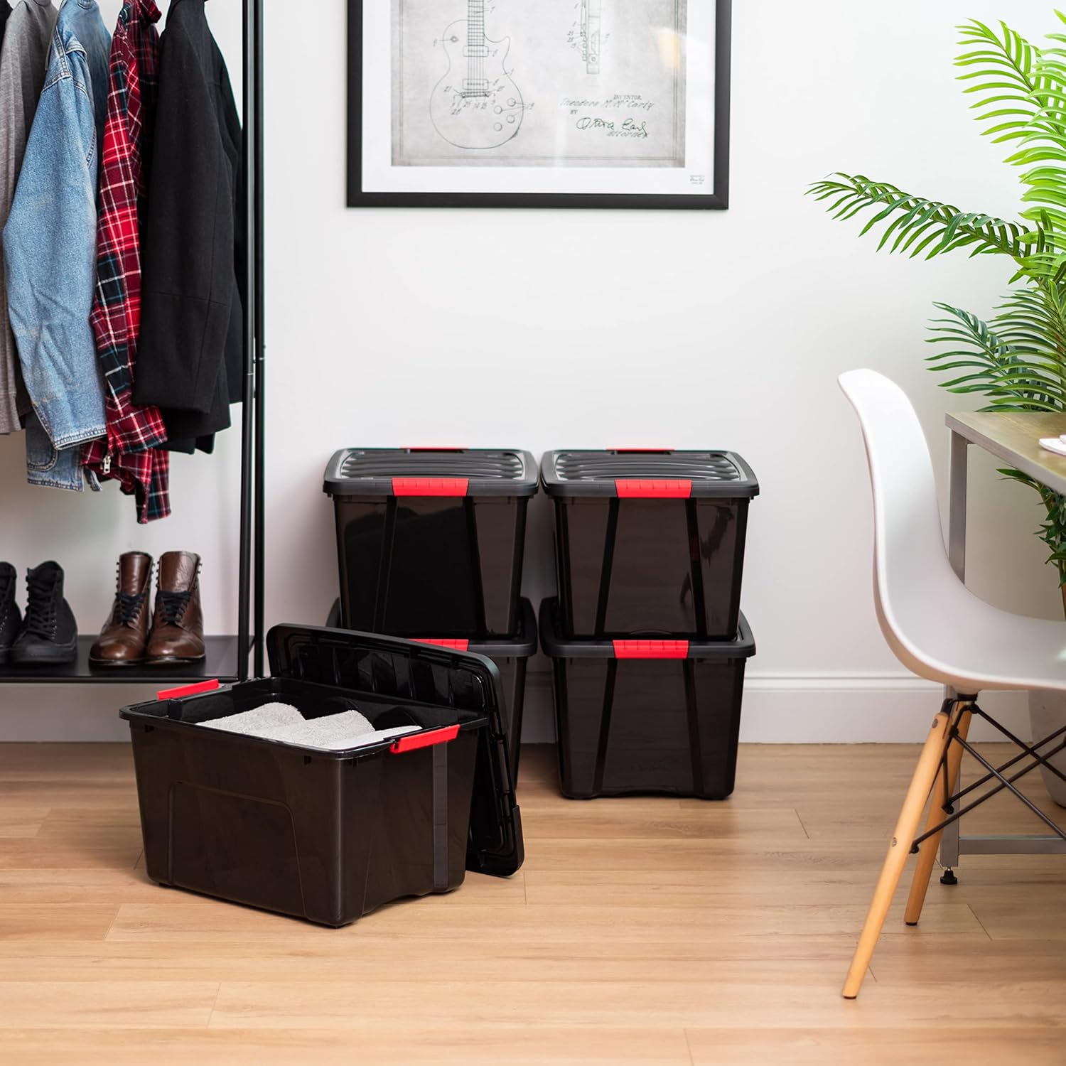 IRIS USA 40 Qt Stackable Plastic Storage Bins with Lids, 4 Pack - BPA-Free, Made in USA - Garage Organizing Solution, Latches, Durable Nestable Containers, Secure Pull Handle - Black