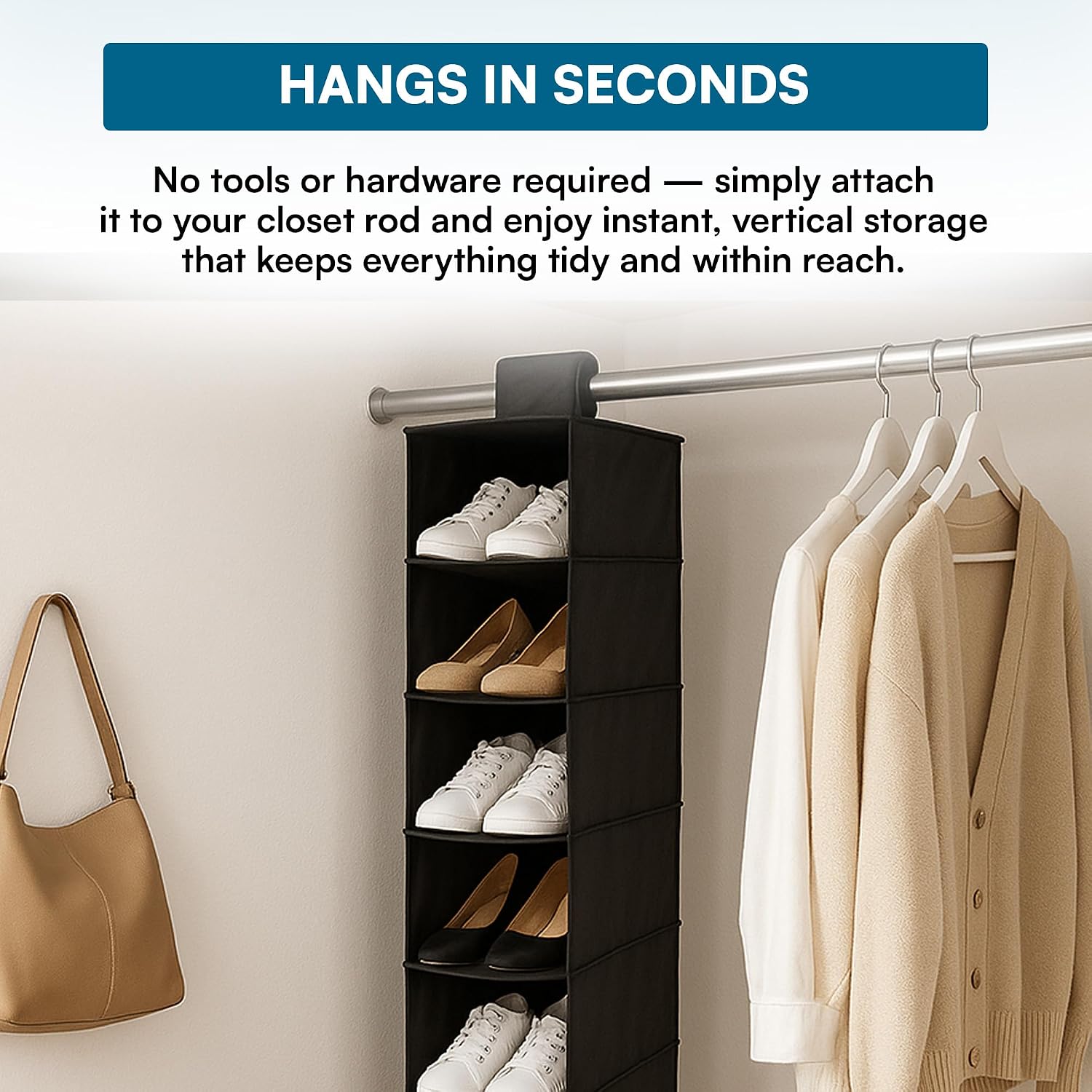 Honey-Can-Do 10-Shelf Hanging Shoe Organizer, Black - Closet Storage Rack for Shoes, Accessories & Clothes, Space Saving