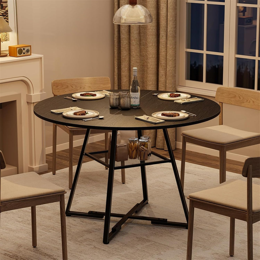 DUMOS 47" Round Dining Table for 4-6, Space Saving Kitchen Table with Dual-Tier Storage, Pedestal Metal Frame, Industrial Farmhouse Circle Dinner Table for Apartment, Black