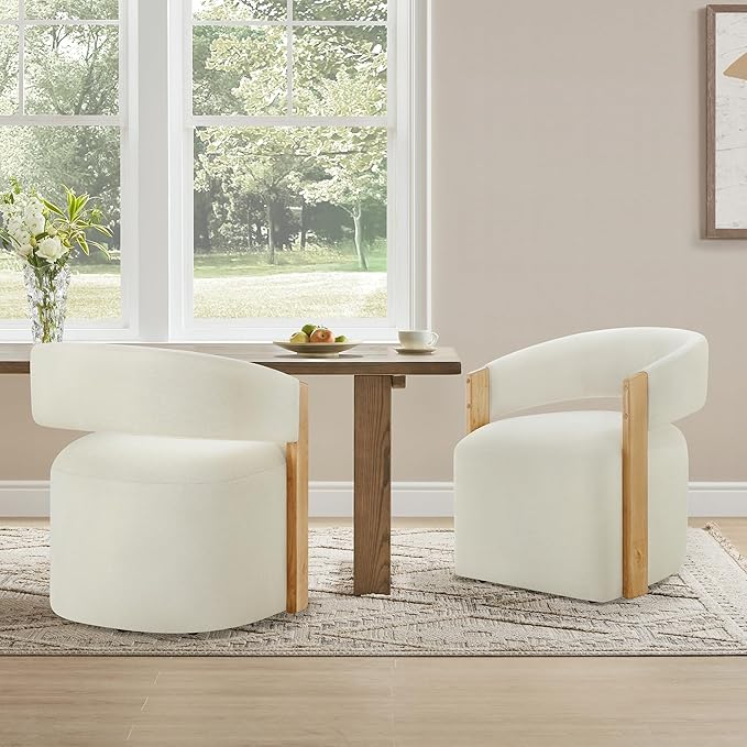 Upholstered Dining Chairs Set of 4, Barrel Modern Dining Room Chairs with Casters, Kitchen Side Wooden Armchair with Fabric Cushion Seat for Bedroom, Livingroom, Reading Room, Beige, 4 Boxs