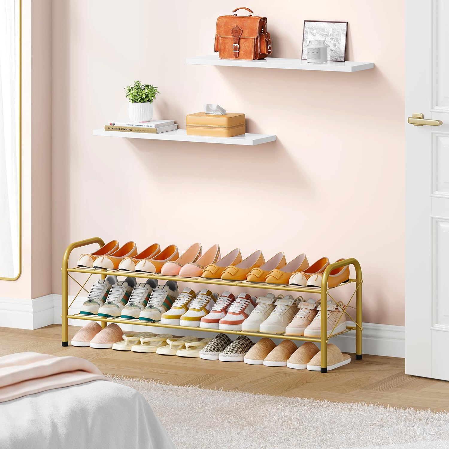 Hoctieon 2 Tier Shoe Rack for Closet, Durable Mesh Style Shoe Rack, Entryway Shoe Shelf, Shoe Storage Organizer for Hallway, Bedroom, Living Room, Wardrobe, Gold