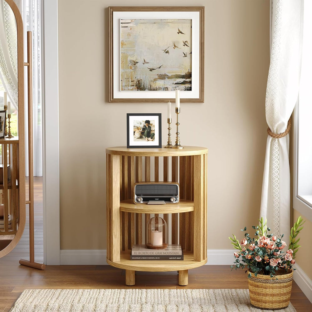 Round End Table, Wood Side Tables, Mid Century Modern Nightstand with 2 Tier ...