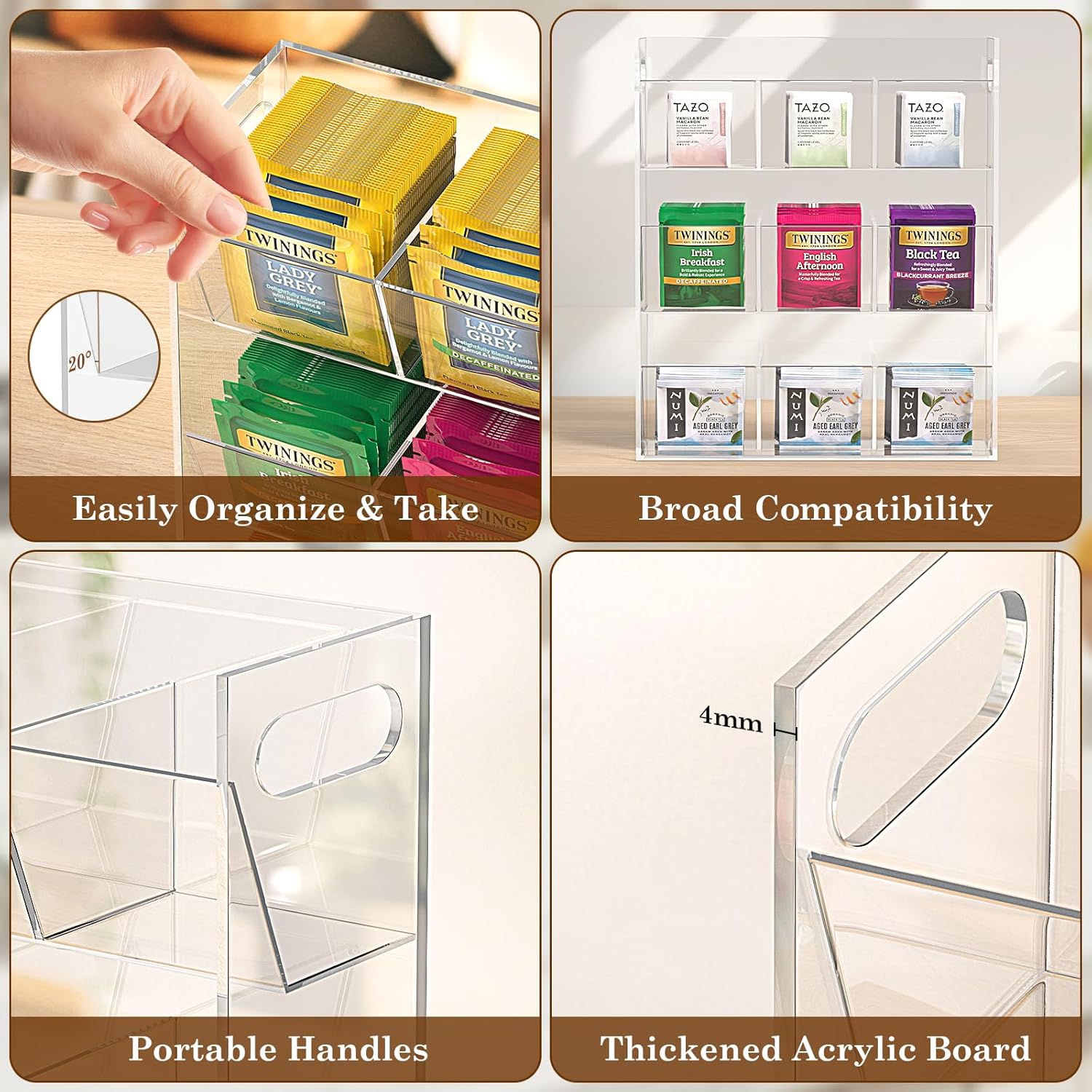Jumyee Acrylic Tea Bag Organizer for Tea Packets, Clear Tea Bag Display Holder Tea Storage Organizer, Slanted 9 Compartments Sugar Coffee Tea Bag Storage Caddy for Cabinet Countertop, No Assembly
