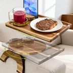 360° Detachable Rotating Acacia Wood Sofa Arm Tray Table, Serving Tray Clip On Couch Armrest Table with Cup Holder & Phone Stand, TV Dinner Tray for Eating on Sofa, TV Trays Fits for Small Spaces