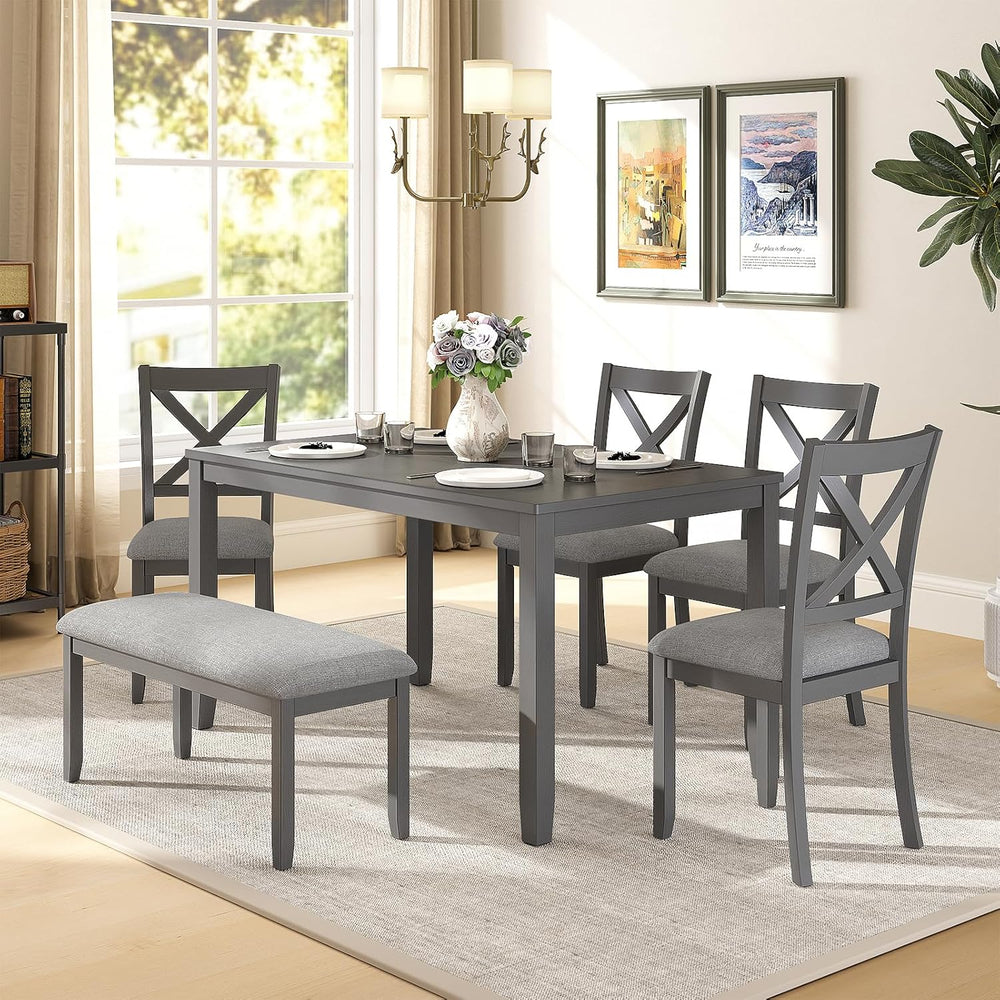 Zevemomo 6-Piece Solid Wood Dining Table Set, Wooden Legs, Grey | Including 1...
