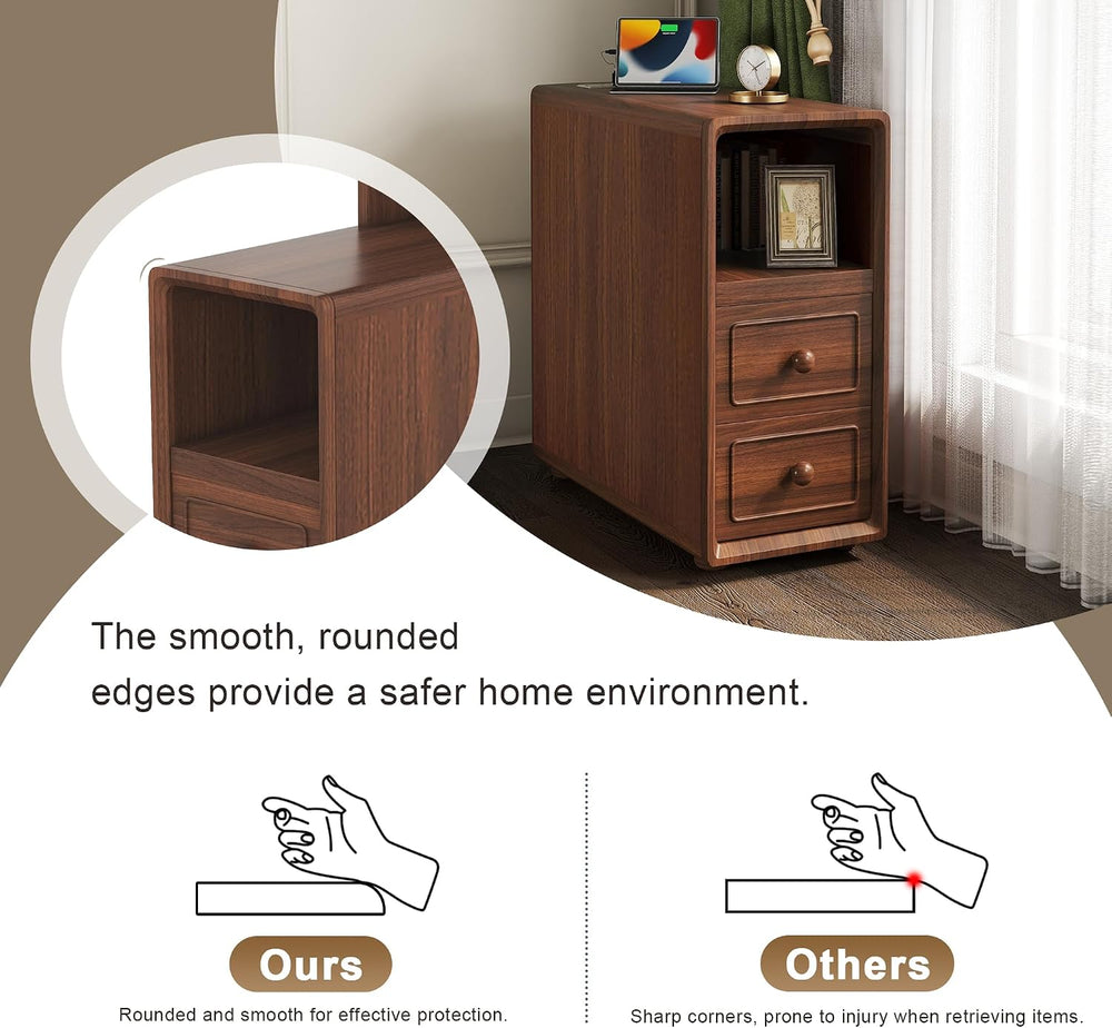Walnut Corner Tables with Drawers & Open Shelves, Tall & Bedside Nigh...