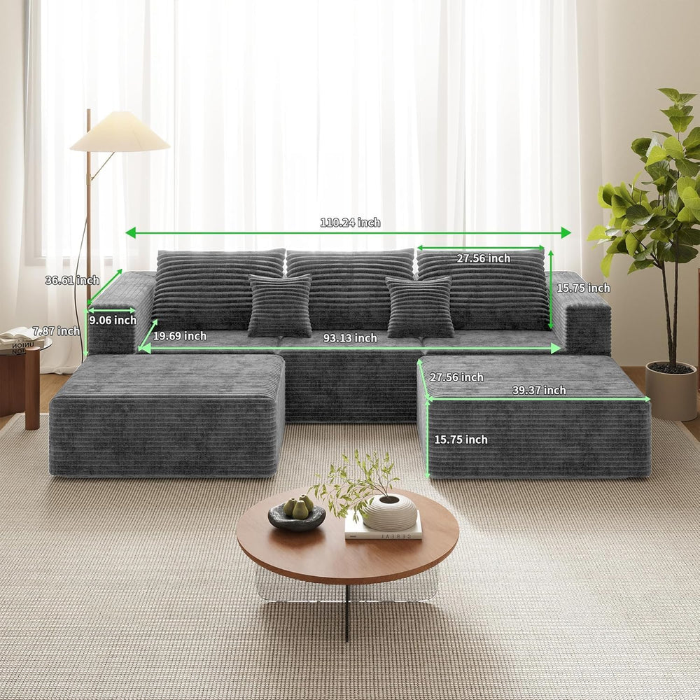 110" U Shaped Sectional Sofa with 2 Ottomans, Modular Corduroy Cloud Cou...