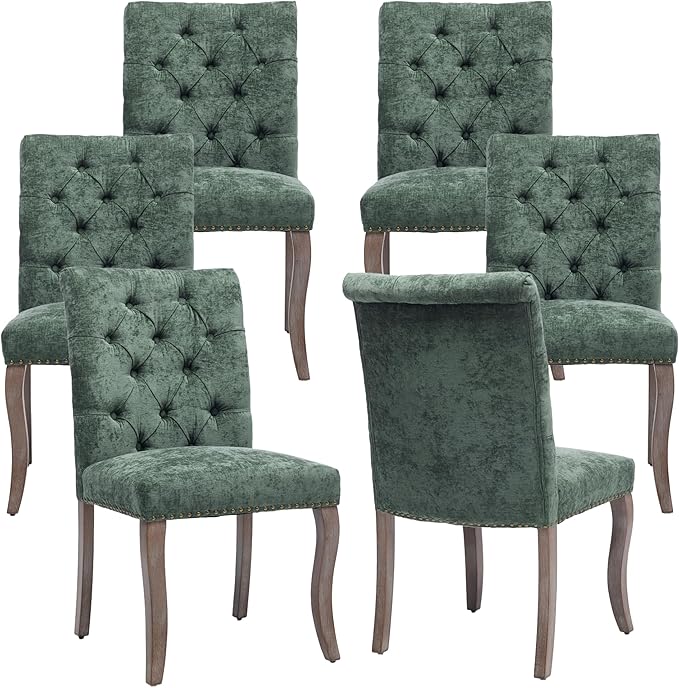 Upholstered Tufted Chenille Dining Side Chairs, Armless Nailhead Trim Chairs with Solid Wood Legs, Modern Farmhouse Chairs for Dining Room, Kitchen & Living Room (Set of 6, Olive Green)