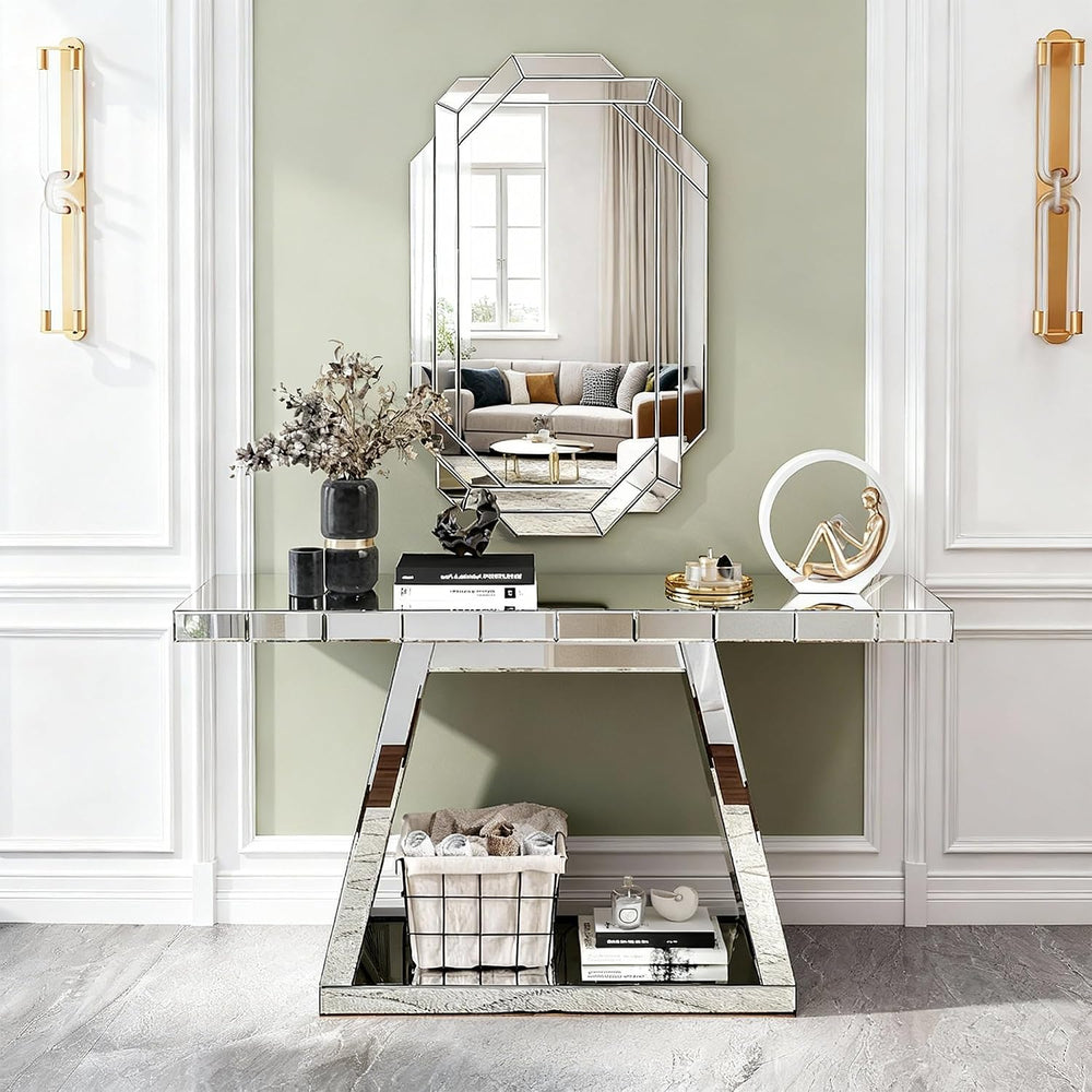 55.9" Full Body Mirror Entryway Table with Trapezoid Base 360° Reflectiv...