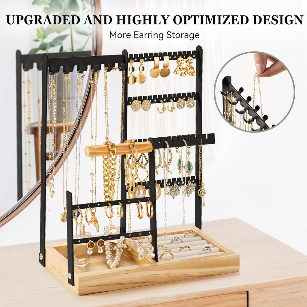 DreamGenius Jewelry Organizer Stand with Velvet Ring Holder, 4 Tier Jewelry Holder Organizer with 11 Hooks for Necklaces and 132 Holes for Earrings, Black