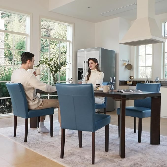 Watson & Whitely Upholstered Kitchen & Dining Room Chairs with Low Back, Faux Leather Armless Dining Chairs with Solid Wood Legs, Set of 2, Blue