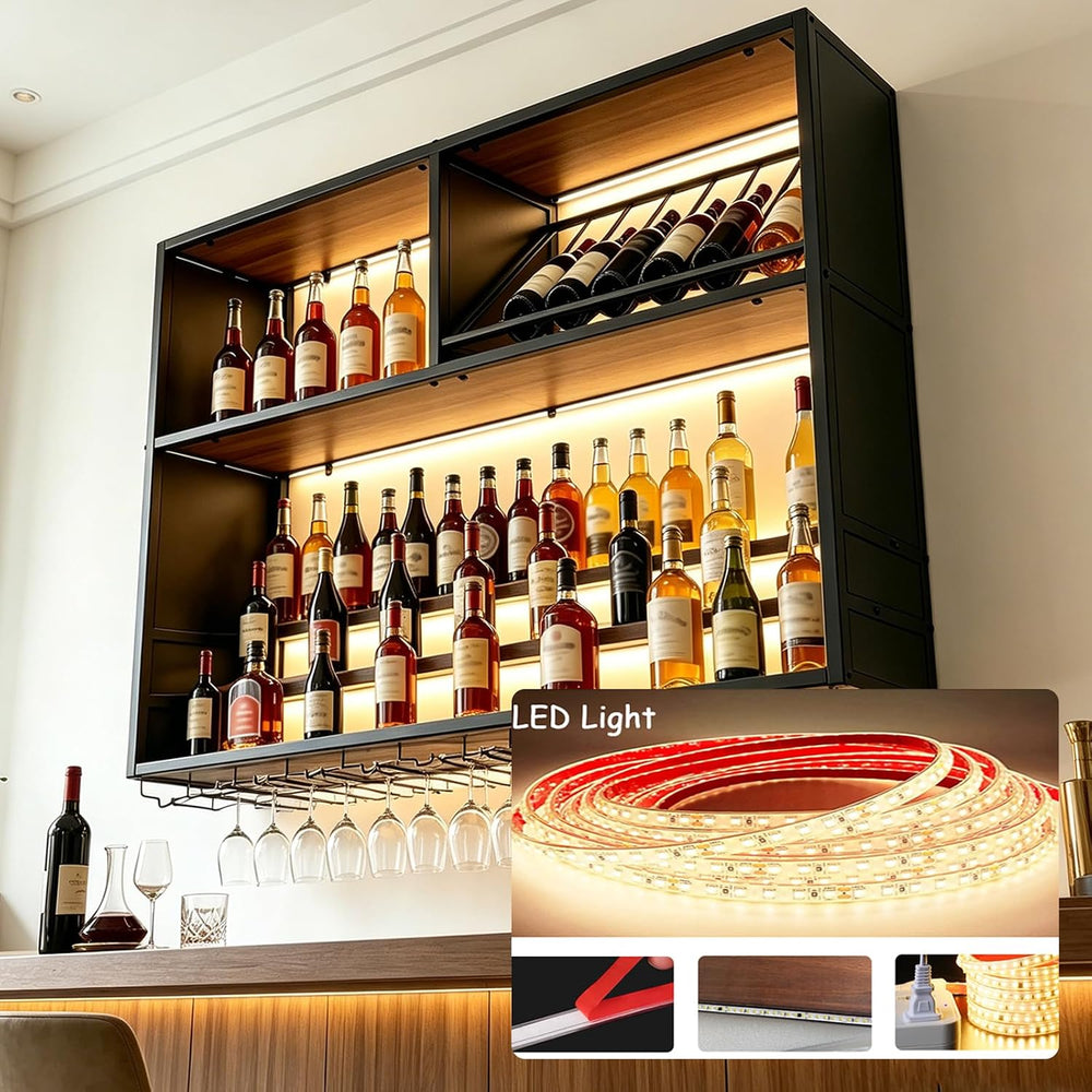 63in Large Wall Mounted Wine Rack with LED Lights, Metal & Wood Floating ...