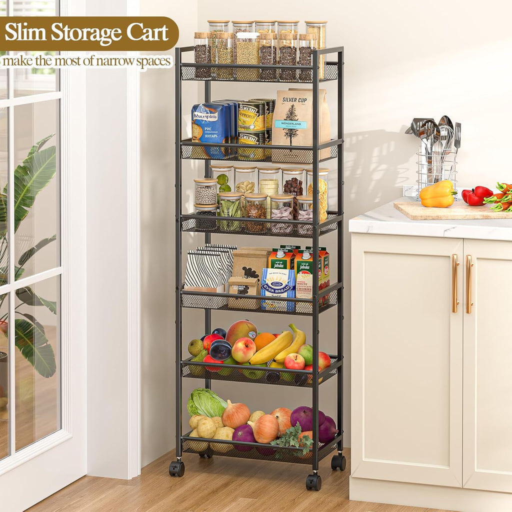 6 Tier Slim Rolling Storage Cart, Narrow Mobile Shelving Unit Organizer Utility Cart with Wheels, Metal Wire Storage Rack with Baskets for Kitchen, Bathroom, Laundry & Living Room, 10in(W) Black