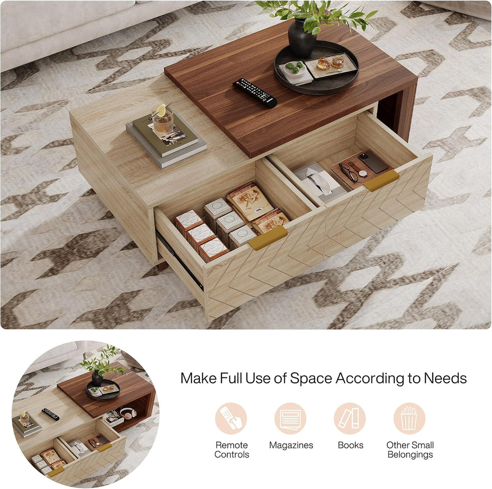 Tribesigns Extendable Coffee Table with 2 Storage Drawers, Dual-Tone Center T...