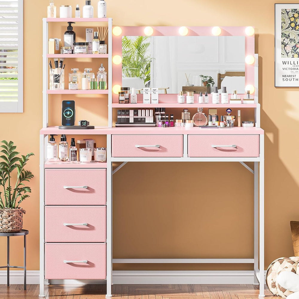 Vanity Desk with Mirror and Lights, Makeup Vanity with 5 Fabric Drawers and O...