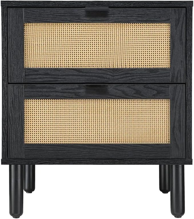 Sango Orre 2-Drawer Nightstand, Modern Black Bedside Table with Synthetic Rattan Drawer Panels, Cylindrical Wood Legs, Discreet Finger Pulls, Smart Storage for Living Room or Office Room