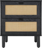 Sango Orre 2-Drawer Nightstand, Modern Black Bedside Table with Synthetic Rattan Drawer Panels, Cylindrical Wood Legs, Discreet Finger Pulls, Smart Storage for Living Room or Office Room