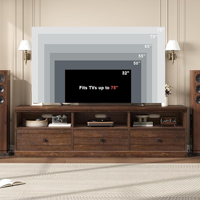 IDEALHOUSE 70in TV Stand for TVs up to 80", Mid Century Modern Entertainment Center with Storage Drawer and Open Shelves, TV Console Media Cabinet for Living Room, Bedroom, Brown