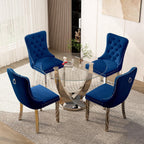 47.2 Inch Round Glass Dining Table Set for 4, Silver Round Kitchen Table with 4 Upholstered Velvet Accent Chairs, 5 Piece Modern Dining Room Set, for Home, Apartment, Kitchen - Blue Chairs