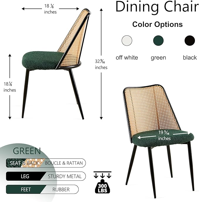 Green Dining Chairs Set of 4, Upholstered Home Kitchen Chairs Woven Rattan Ba...