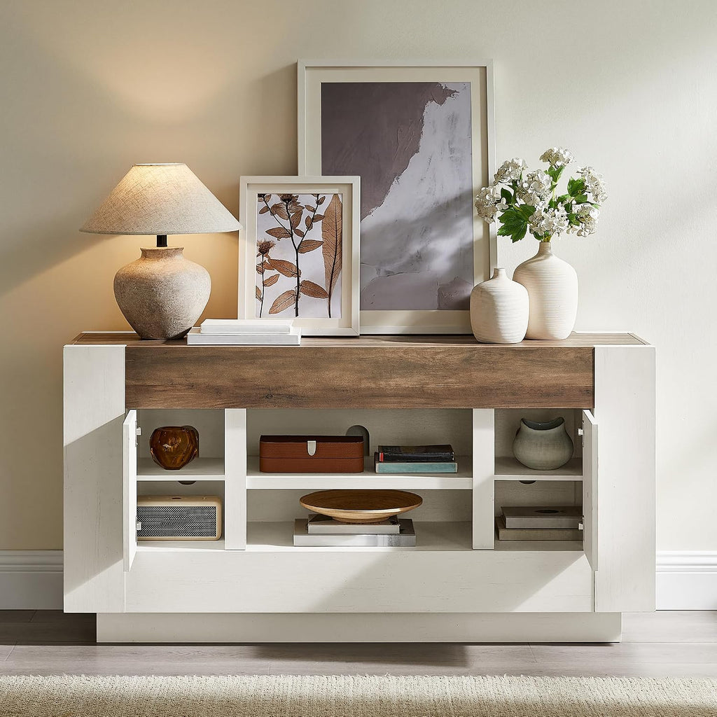 OKD 55" TV Stand for 65" TV, Thick Block Media Console, Antique White | Open Storage, Side Cabinets, Soft Close Door, Cable Management, Modern Entertainment Center for Living Room, Bedroom