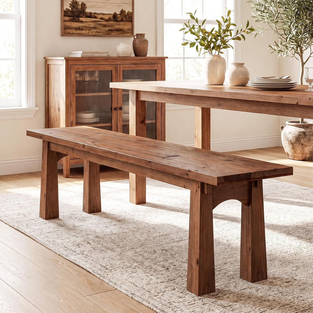 TRIBEWOOD 55 Inch Solid Wood Dining Bench, Entryway Bench, Rustic Brown | Sol...