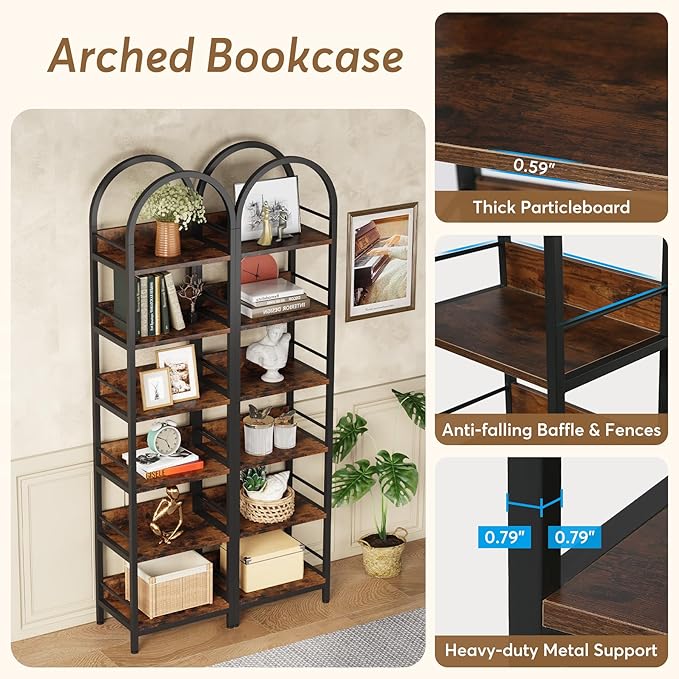 LITTLE TREE 78.7 Inches Tall Arched Bookshelf, 6 Tiers Skinny Open Bookcase w...