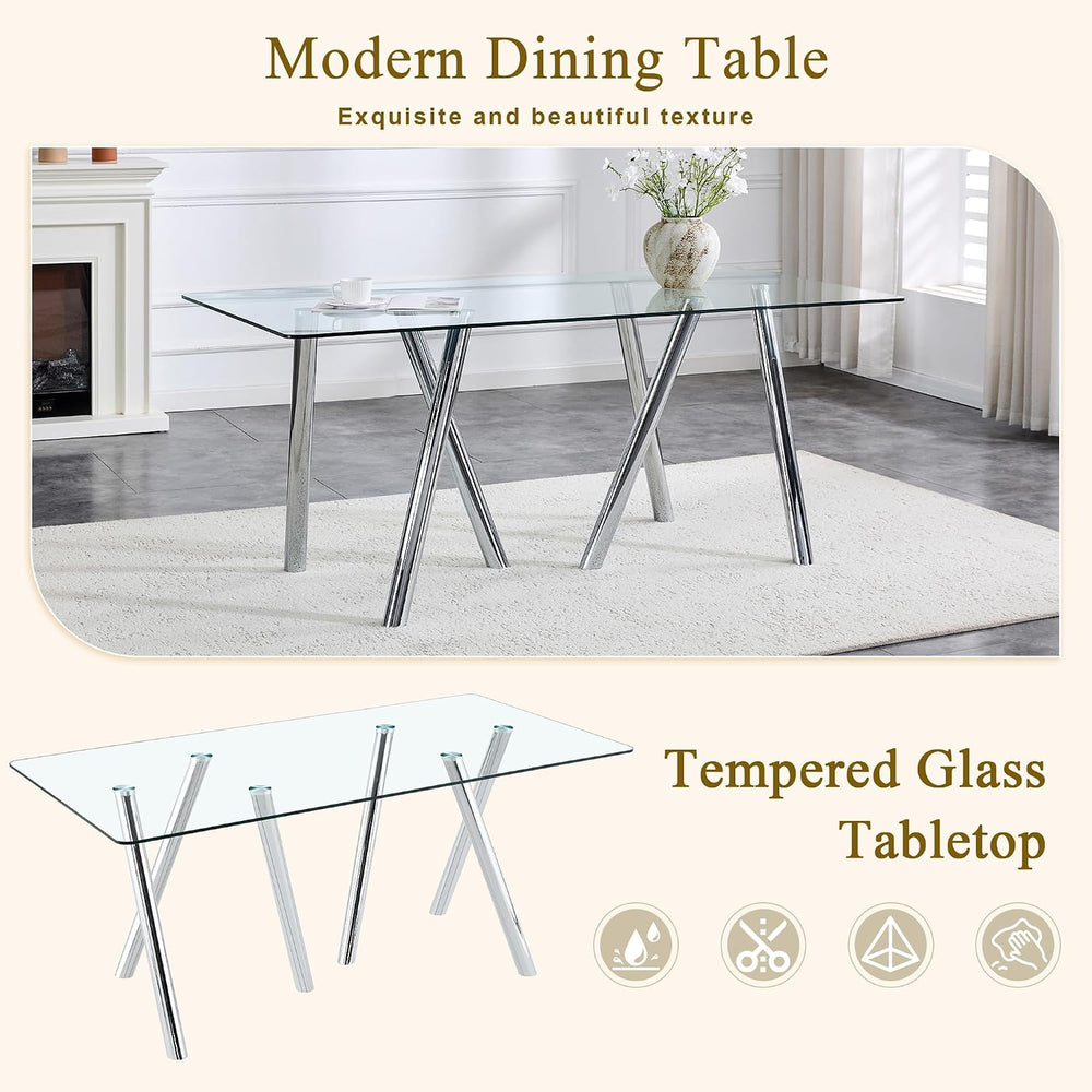 Glass Dining Table for 4 6 8 Pepole,71 Inch Rectangle Kitchen Dining Room Tab...