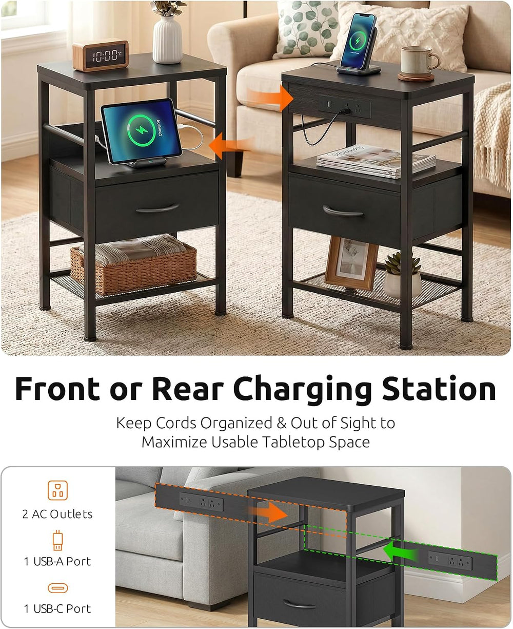 Lazzanto Nightstands Set of 2 with Charging Station, Black Night Stand | 1 Fa...