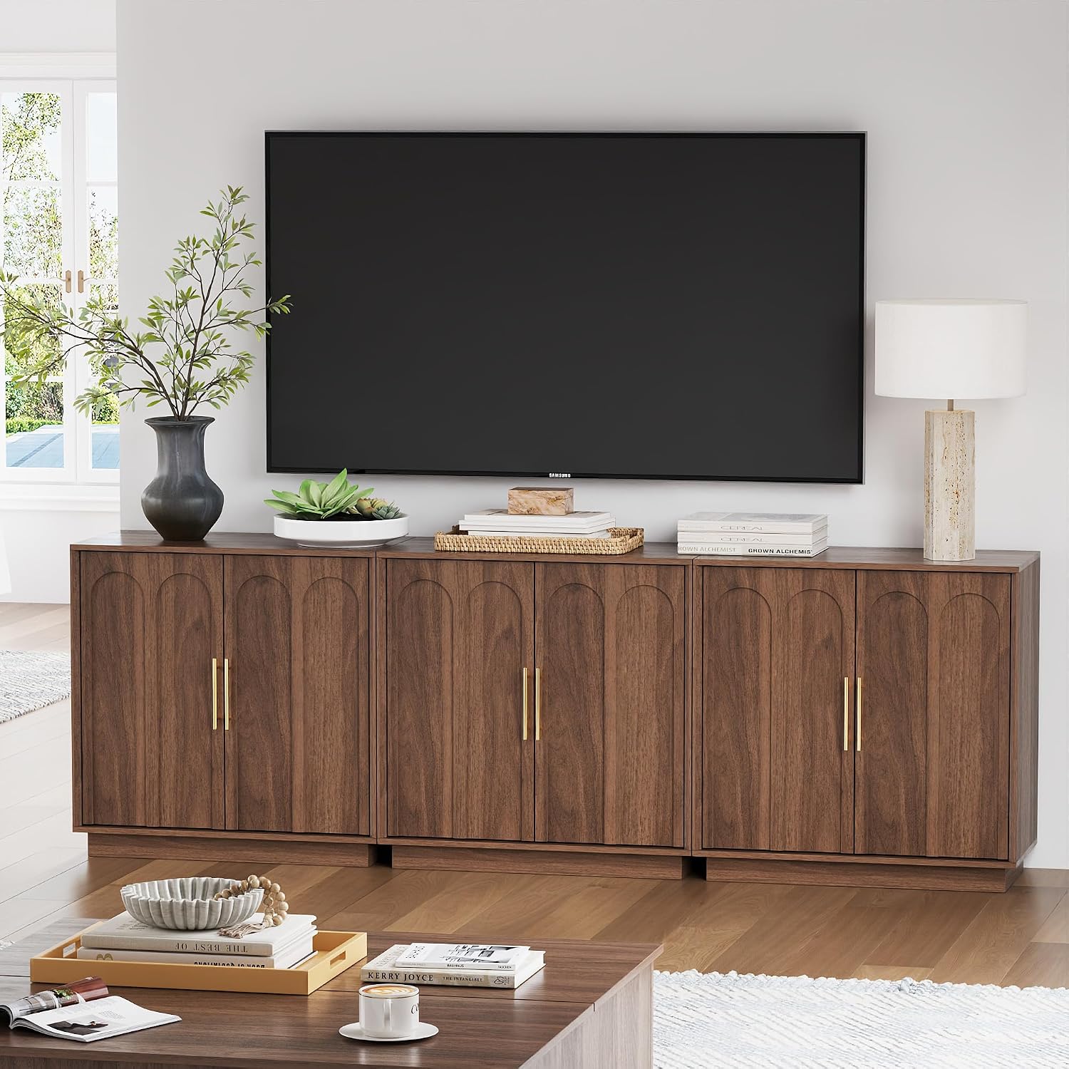 FORTUNETEC 31.5" Sideboard Buffet Cabinet with Storage, Walnut, 3pcs | Wood Modular Media Console, Mid Century Modern Credenza with Arched Doors for Living Room Kitchen Dining Room Entryway